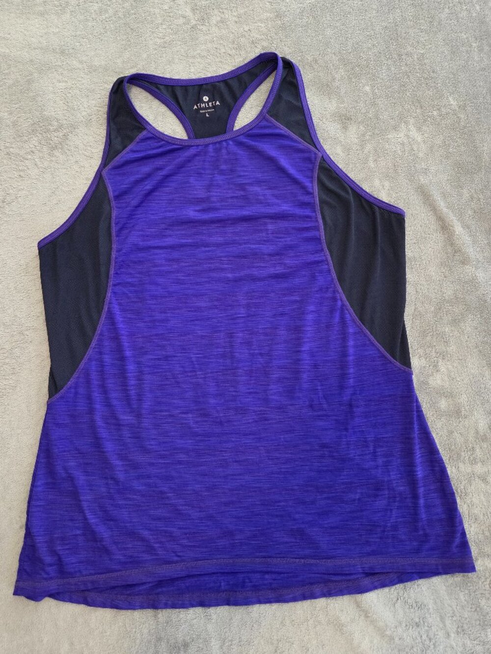 Athleta Womens Heathered Blue and Purple with Black Mesh Side Panel Tank Top